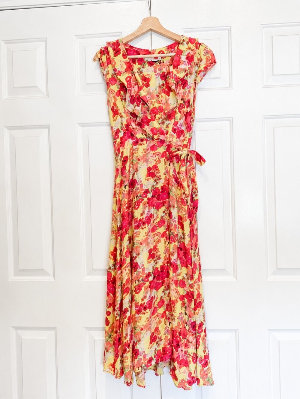 Monsoon Jocelyn Floral Wrap Midi Dress Yellow Ruffle Cottagecore Coquette S